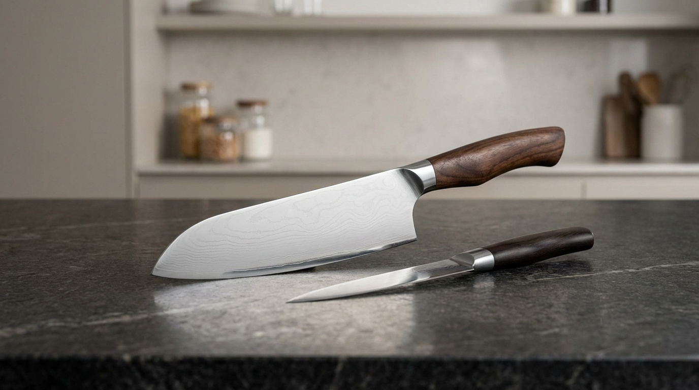 Deux couteaux Kotai élégants, un couteau de chef et un couteau d'office, avec lames Damas et manches en bois, sur un comptoir de cuisine.